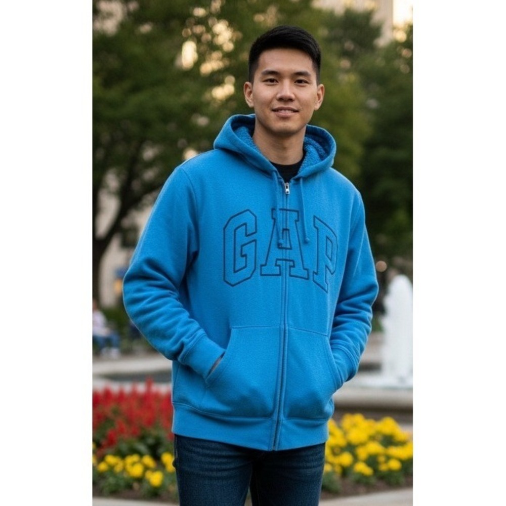 GAP Sherpa Fleece Hoodie Sweatshirt Men's Size XL Full Zip Blue Cotton Spell Out